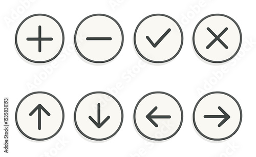 User interface buttons linear icons: add, remove, check, X, up, down, left, right.