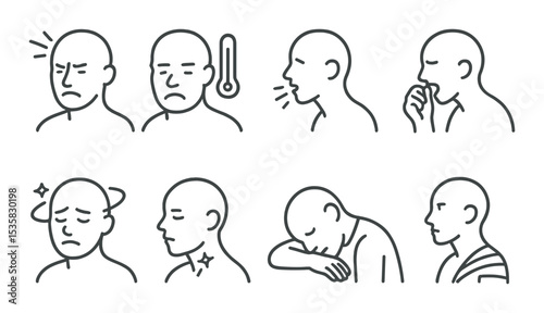 Medical conditions linear icons: headache, fever, cough, nausea, dizziness, sore throat, fatigue, injury.