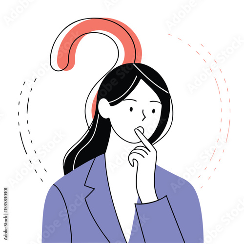 Pensive Asian woman considers a question, finger to her lips, seeking inspiration