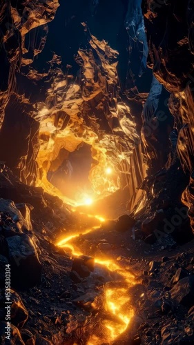 Mystical cave interior with a glowing pathway and warm light illuminating the rocky formations, dark landscape