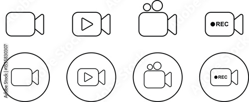 Video icon set. Video camera, movie icons isolated on transparent background. Video production, streaming, editing, filming vector symbols. Perfect for media, entertainment, and broadcasting designs.