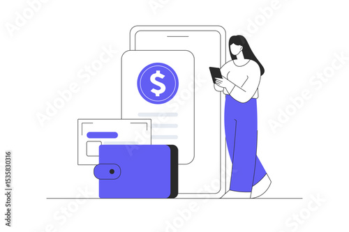 Woman Character paying online with phone and receiving bonus money or reward back on credit card. Cashback, financial savings and money exchange. Flat Cartoon Vector Illustration, icon. Stylish 