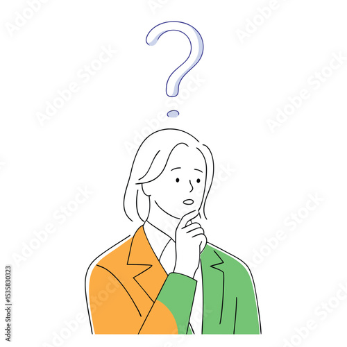 Anxious caucasian woman considers options under a question mark with orange and green jacket