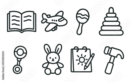 Children icons linear style: storybook, toy airplane, musical toy, stacking rings, baby rattle, plush bunny, drawing pad, toy hammer.