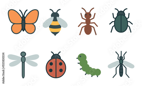 Insects in modern flat vector : butterfly, bee, ant, beetle, dragonfly, ladybug, caterpillar, mosquito.