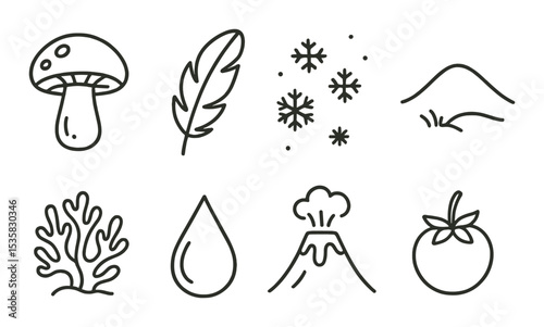 Nature objects: mushroom, feather, snow, hill, coral, rain drop, volcano, berry. Linear style, isolated, no text