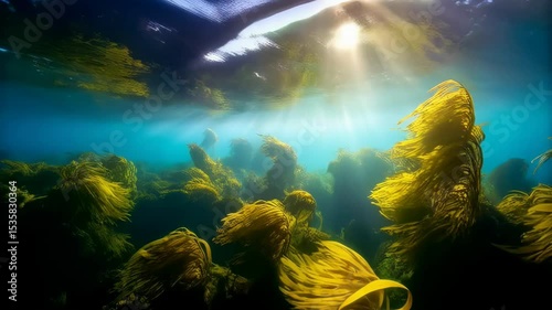 Underwater world with kelp forest, sun rays shining through clear blue ocean water creating a beautiful aquatic seascape environment