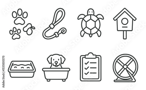 Pets & animals in linear style: animal tracks, dog leash, turtle icon, birdhouse, litter box, dog bath, pet checklist, hamster wheel.