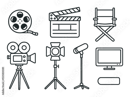 Cinema equipment: film reel, clapperboard, director chair, camera, tripod, spotlight, microphone, monitor. Linear style, isolated, no text