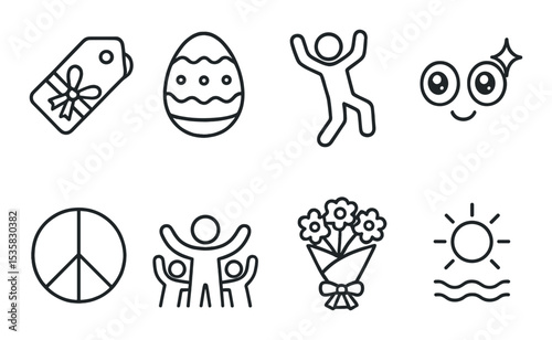 Holidays and emotions, linear style: gift tag, Easter egg, celebration dance, sparkly eyes, peace symbol, cheerful crowd, bouquet, warmth icon.