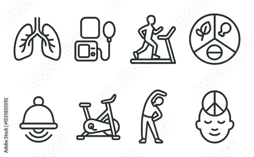Health and wellness, linear style: lungs breathing, blood pressure monitor, treadmill runner, balanced plate, mindfulness bell, indoor bike, light stretching, stress-free symbol.