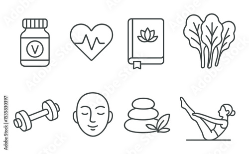 Health and wellness, linear style: vitamin bottle, pulse monitor, wellness journal, leafy greens, dumbbell set, calm face, spa stones, person doing pilates.