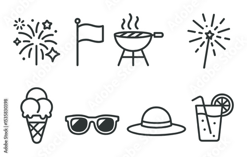 linear style icons of holidays: fireworks, flag, grill, sparkler, ice cream, sunglasses, sun hat, lemonade.