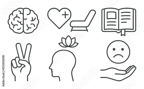 Mental health, linear style: brain, heart icon, therapy couch, journal, peace sign, mindfulness icon, sad face, supportive hand.