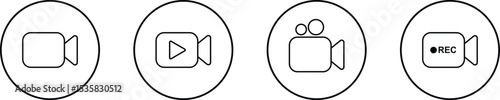 Video icon set. Video camera, movie icons isolated on transparent background. Video production, streaming, editing, filming vector symbols. Perfect for media, entertainment, and broadcasting designs.