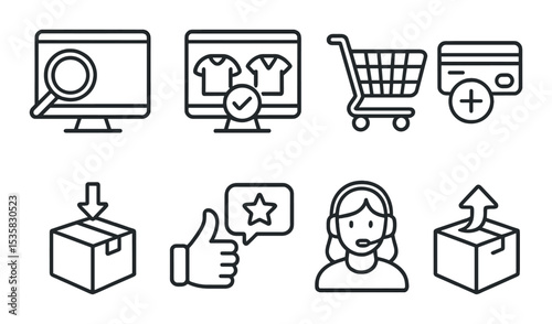 Customer journey in linear style: search, compare, add to cart, buy, receive, review, support, return.