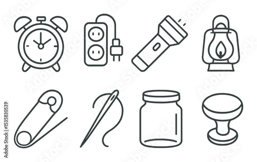 linear style icons of home items: alarm clock, extension cord, flashlight, lantern, safety pin, needle, jar, drawer knob.