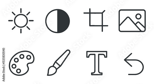 linear style icons of UI: brightness, contrast, crop tool, image icon, paint palette, brush, text tool, undo arrow.