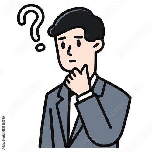 Puzzled businessman ponders important questions with hand on his chin under question mark above