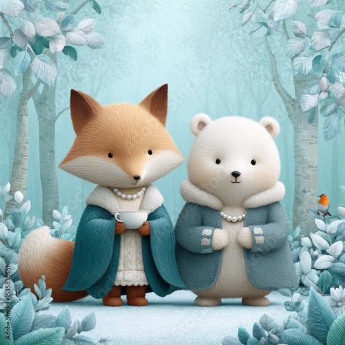 Woodland friends enjoying tea in a snowy forest during winter