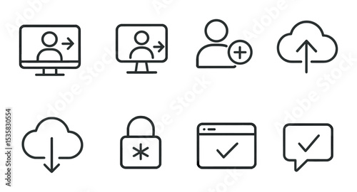 Online actions: login, logout, sign up, upload, download, reset password, check status, feedback. Linear style, isolated, no text