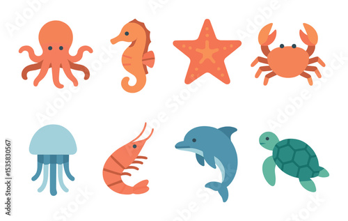 Sea creatures in modern flat vector : octopus, seahorse, starfish, crab, jellyfish, shrimp, dolphin, sea turtle.