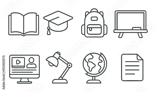 Education and e-learning, linear style: open book, graduation cap, school backpack, chalkboard, online course icon, desk lamp, globe, paper sheet.
