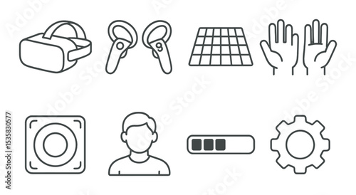 Virtual reality in linear style: headset, motion controllers, 3D grid, hands, play zone, avatar, loading bar, settings gear.