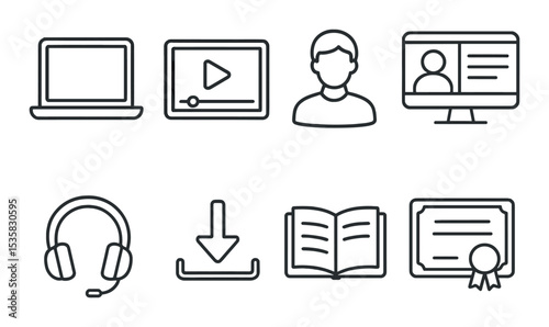 Online learning in linear style: laptop, video player, student avatar, webinar screen, headphones, download button, e-book, certificate.