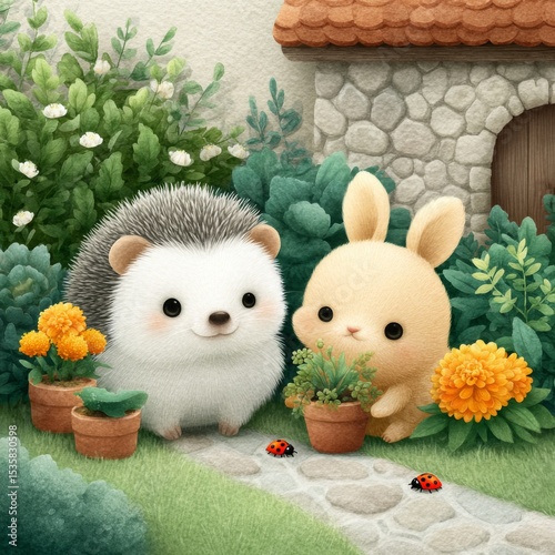 Two cute animals gardening together in a vibrant backyard setting