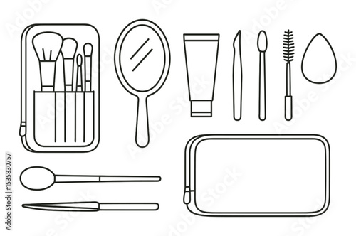 Beauty kit: brush set, mirror, cream tube, tweezers, applicator, lash wand, sponge, case. Linear style, isolated, no text