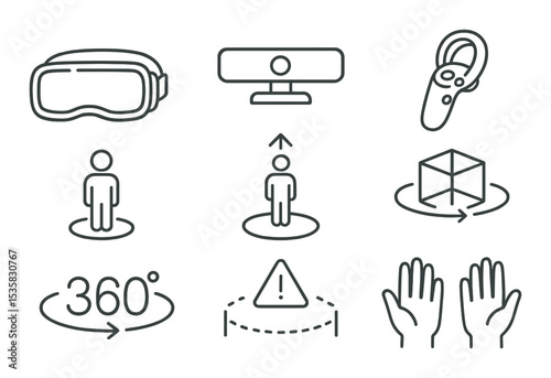 Virtual games: VR goggles, motion sensor, hand controller, teleport icon, simulation icon, 360 view, boundary warning, avatar hands. Linear style, isolated, no text