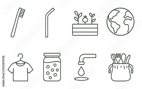 Eco-living, linear style: eco toothbrush, reusable straw, community garden, secondhand clothes, bulk food jar, earth icon, water-saving tap, zero waste kit.