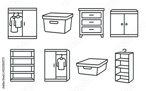 Storage solutions in linear style: closet, storage bin, drawer, cabinet, shelf unit, wardrobe, under-bed box, hanging organizer.