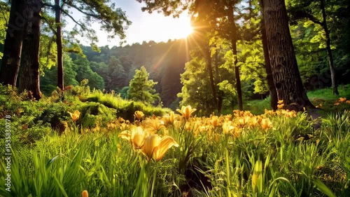 Lush meadow with golden lilies bathed in sunlight, surrounded by green trees and foliage in a picturesque forest setting.