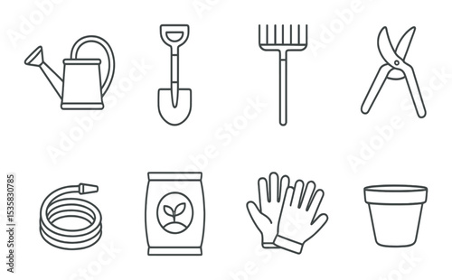 Garden tools in linear style: watering can, spade, rake, pruning shears, garden hose, soil bag, gloves, plant pot.
