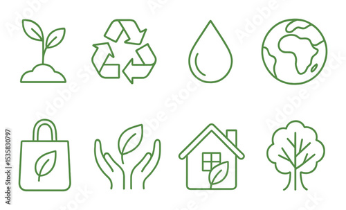 Nature care: plant icon, recycle, water drop, globe, eco bag, hands with leaf, green home, tree. Linear style, isolated, no text