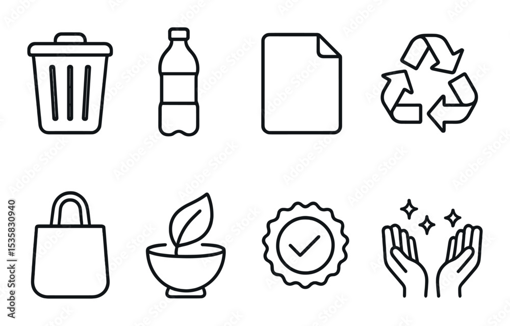 Recycling actions in linear style: trash bin, bottle icon, paper icon, arrows loop, reusable bag, compost leaf, eco badge, clean hands.