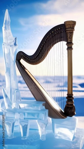 Classical golden harp and intricate ice sculpture on a snowy landscape against a serene blue sky, creating an ethereal and dreamlike atmosphere