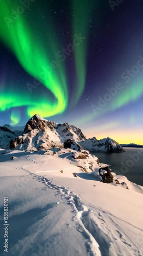 Aurora Borealis dances above snowy mountains, casting emerald glow upon the vast, winter landscape and footsteps in the deep snow