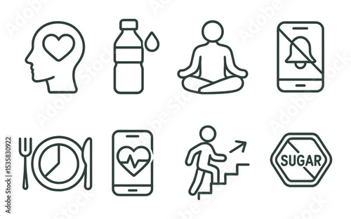 Healthy lifestyle in linear style: mental wellness icon, hydration reminder, meditation icon, digital detox, portion control, health tracking app, stairs climbing, sugar-free icon.