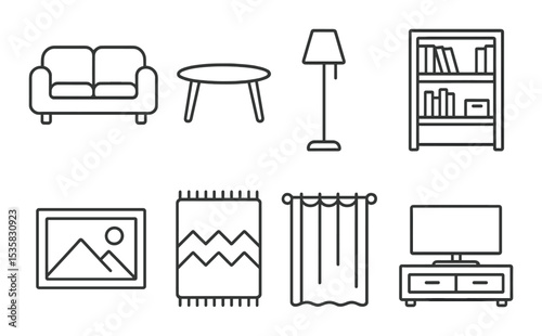 Living room items in linear style: sofa, coffee table, floor lamp, bookshelf, wall art, rug, curtain, TV stand.