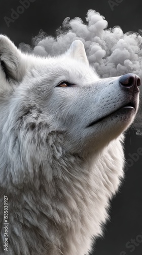 Majestic white wolf with smoke rising above its head in a dark backdrop