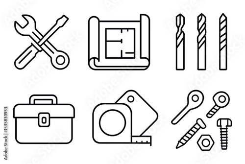 DIY icons in linear style: wrench and screwdriver cross, blueprint, drill bits, toolbox, measuring tape, cutting board, screws, nuts and bolts.