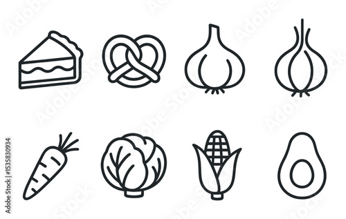 linear style icons of food: pie slice, pretzel, garlic bulb, onion, carrot, cabbage, corn cob, avocado.