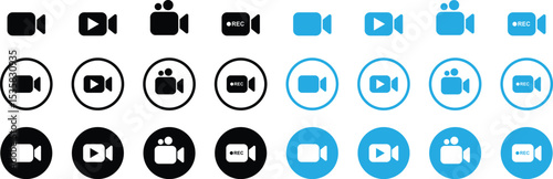 Video icon set. Video camera, movie icons isolated on transparent background. Video production, streaming, editing, filming vector symbols. Perfect for media, entertainment, and broadcasting designs.