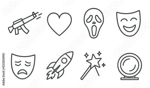 Movie genres: action icon, romance heart, horror mask, comedy face, drama mask, sci-fi rocket, fantasy wand, documentary lens. Linear style, isolated, no text