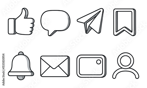 Social media UI linear icons: like, comment, share, bookmark, notification, direct message, live, profile.