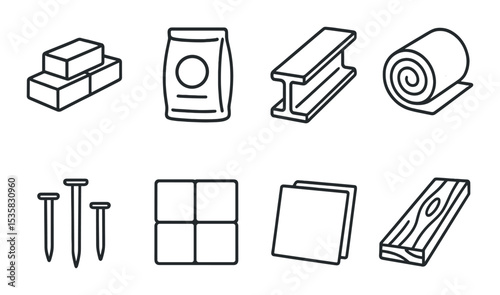 Building materials in linear style: bricks, cement bag, steel beam, insulation roll, nails, tiles, drywall, wood plank.