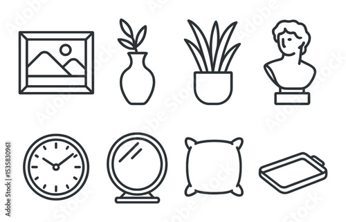 Home decoration in linear style: painting, vase, indoor plant, sculpture, clock, mirror, throw pillow, decorative tray.